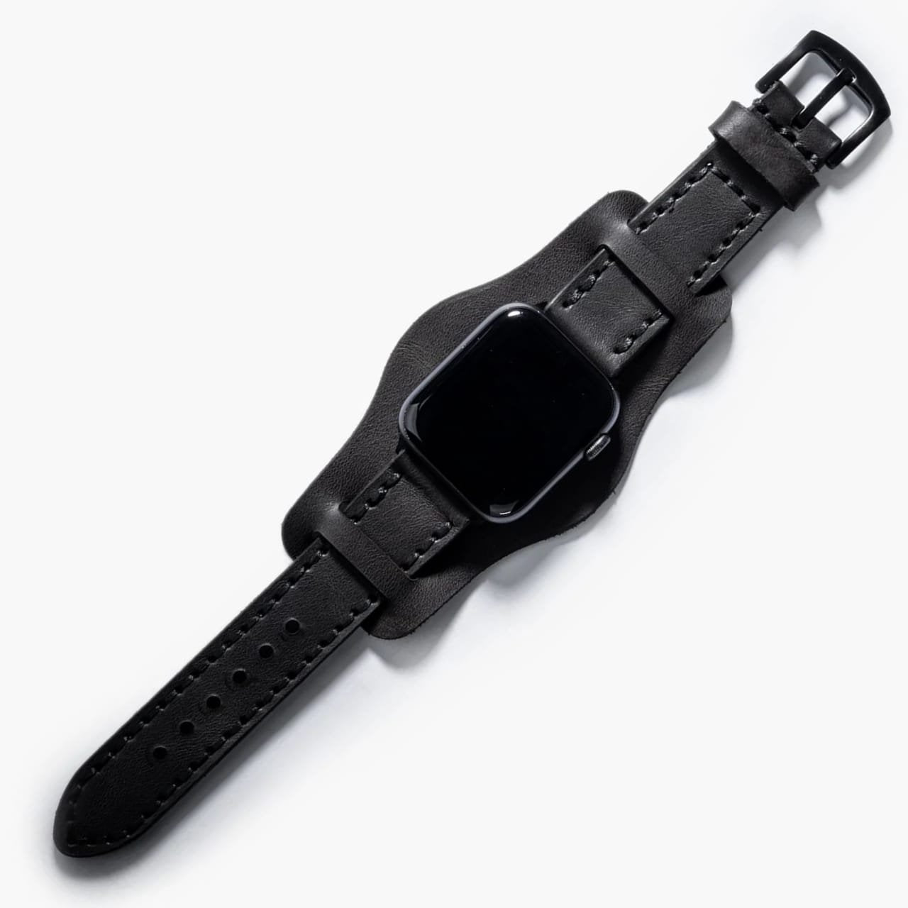 Bund Çift Katlı Apple Watch Deri Kayış - Antrasit el yapımı hakiki deri - DeryCraft