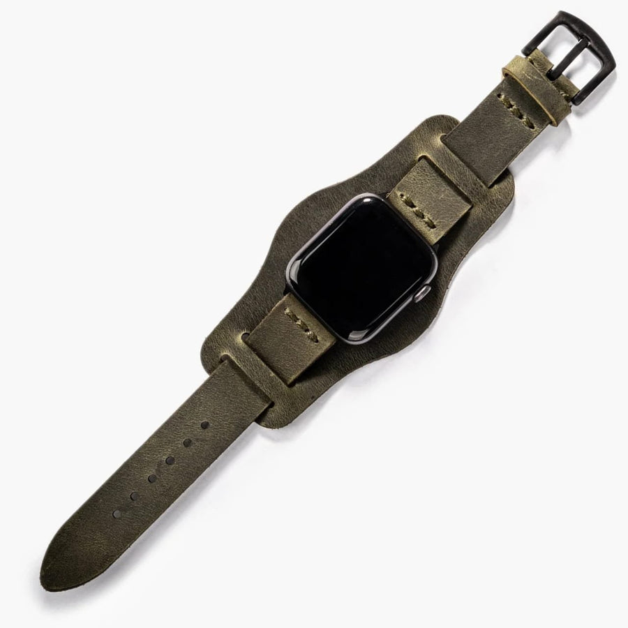Bund Tek Katlı Apple Watch Deri Kayış - Yeşil el yapımı hakiki deri - DeryCraft
