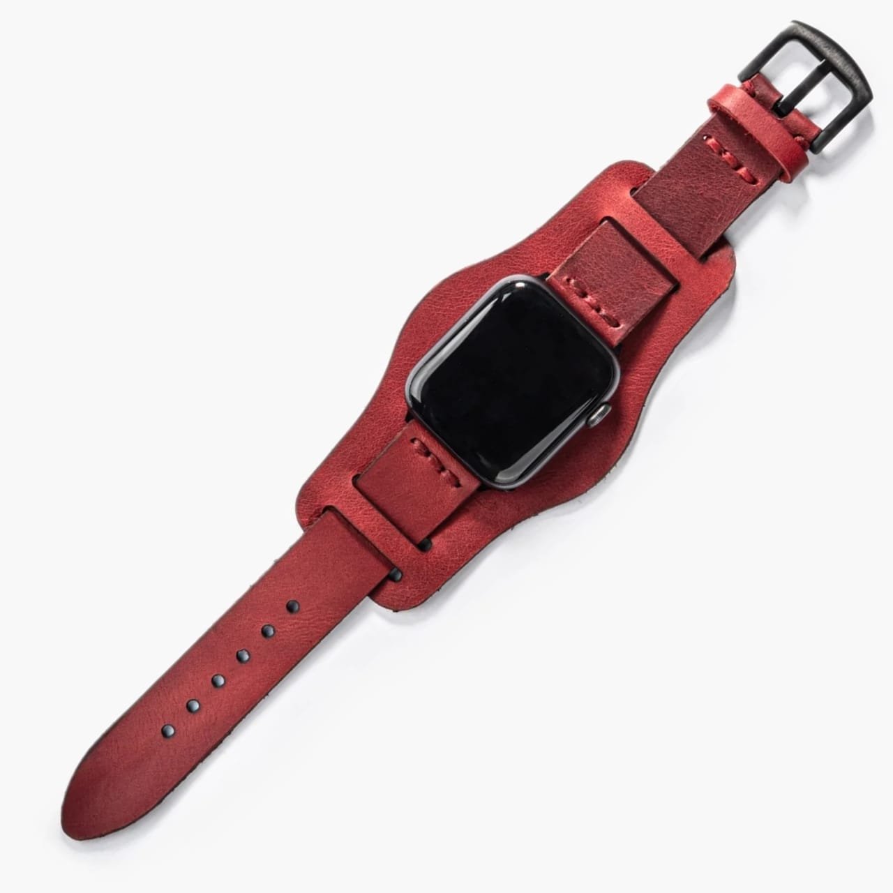 Bund Tek Katlı Apple Watch Deri Kayış, saatin üzerinde masa üstünde sergileniyor