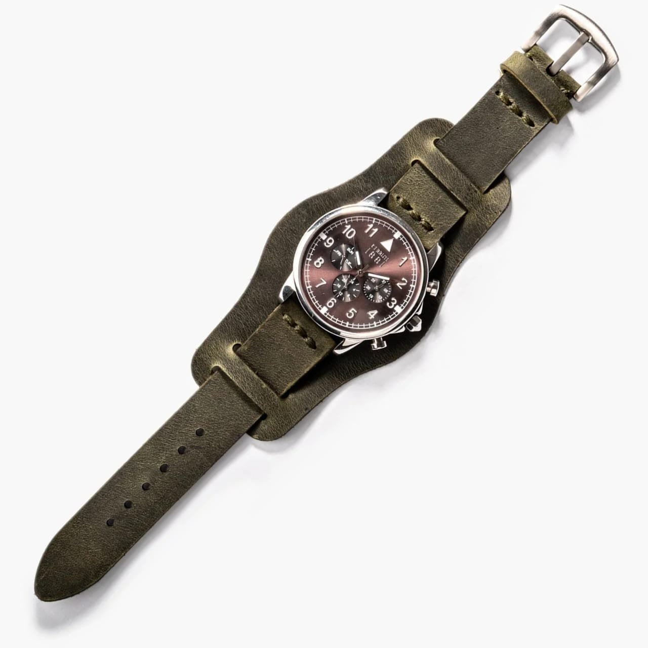 Bund Tek Katlı Deri Kayış – Yeşil, açık yüzey üzerinde düz şekilde sergileniyor