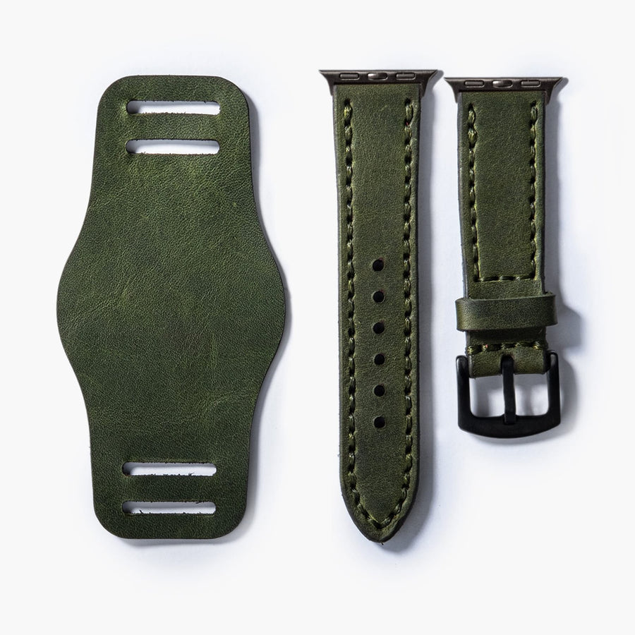 Bund Çift Katlı Apple Watch Deri Kayış - Yeşil el yapımı hakiki deri - DeryCraft