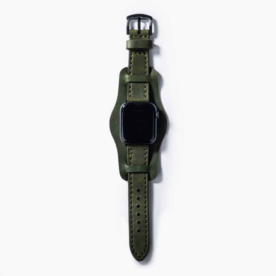 Bund Çift Katlı Apple Watch Deri Kayış - Yeşil el yapımı hakiki deri - DeryCraft