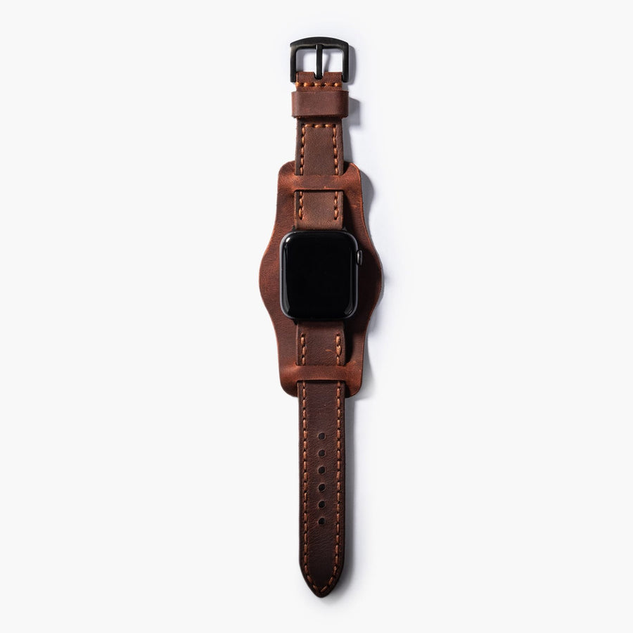 Bund Çift Katlı Apple Watch Deri Kayış - Kızıl Crazy el yapımı hakiki deri - DeryCraft