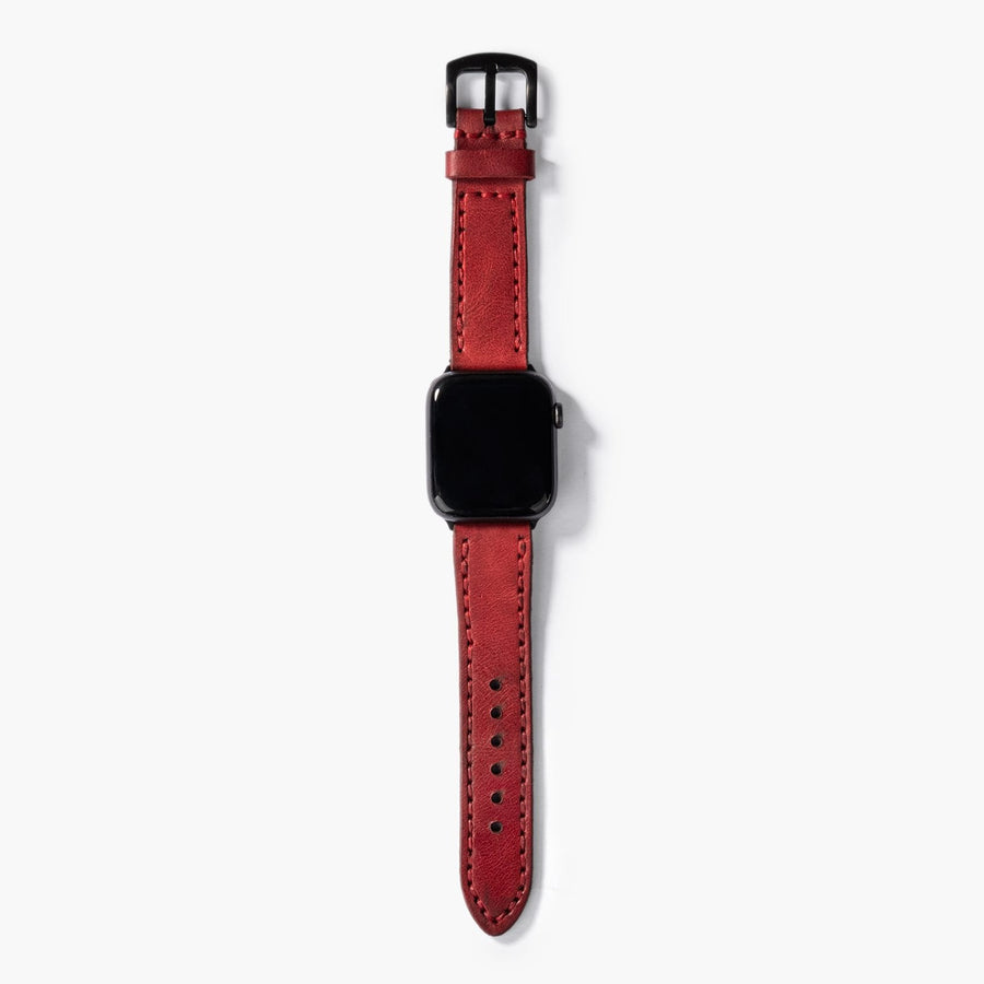 Çift Katlı Deri Apple Watch Kayışı - Kırmızı el yapımı hakiki deri - DeryCraft