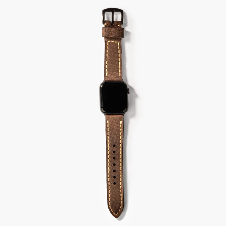 Çift Katlı Deri Apple Watch Kayışı - Saffiano Kahve el yapımı hakiki deri - DeryCraft