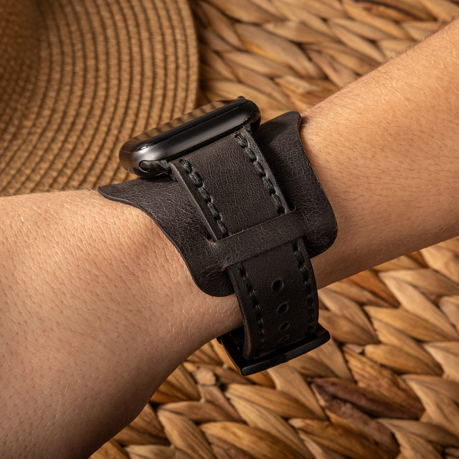 Bund Çift Katlı Apple Watch Deri Kayış - Antrasit el yapımı hakiki deri - DeryCraft