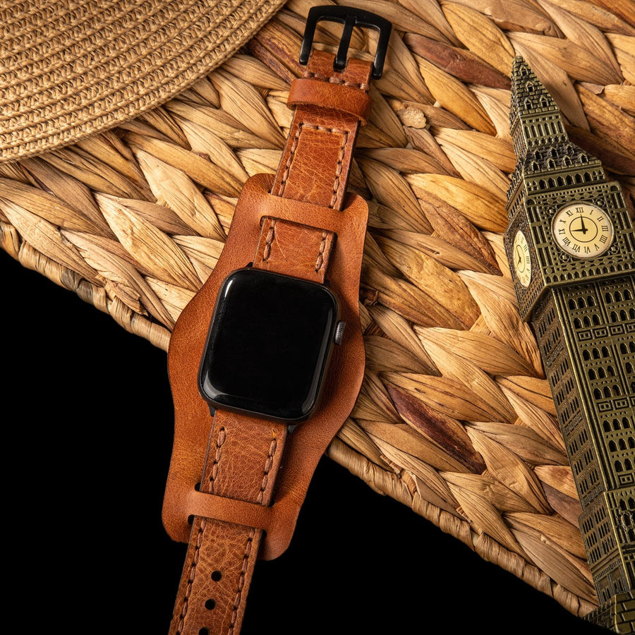 Bund Çift Katlı Apple Watch Deri Kayış - Camel el yapımı hakiki deri - DeryCraft