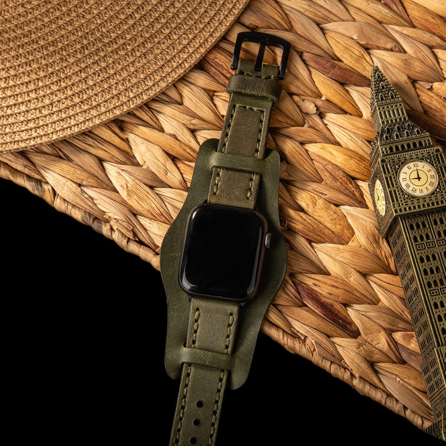 Bund Çift Katlı Apple Watch Deri Kayış - Yeşil el yapımı hakiki deri - DeryCraft