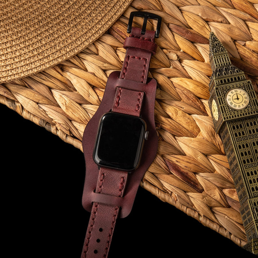 Bund Çift Katlı Apple Watch Deri Kayış - Mürdüm el yapımı hakiki deri - DeryCraft