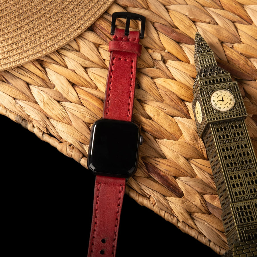 Çift Katlı Deri Apple Watch Kayışı - Kırmızı el yapımı hakiki deri - DeryCraft
