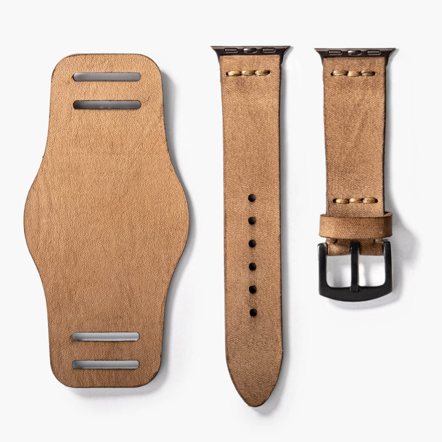 Bund Tek Katlı Apple Watch Deri Kayış - Bej el yapımı hakiki deri - DeryCraft