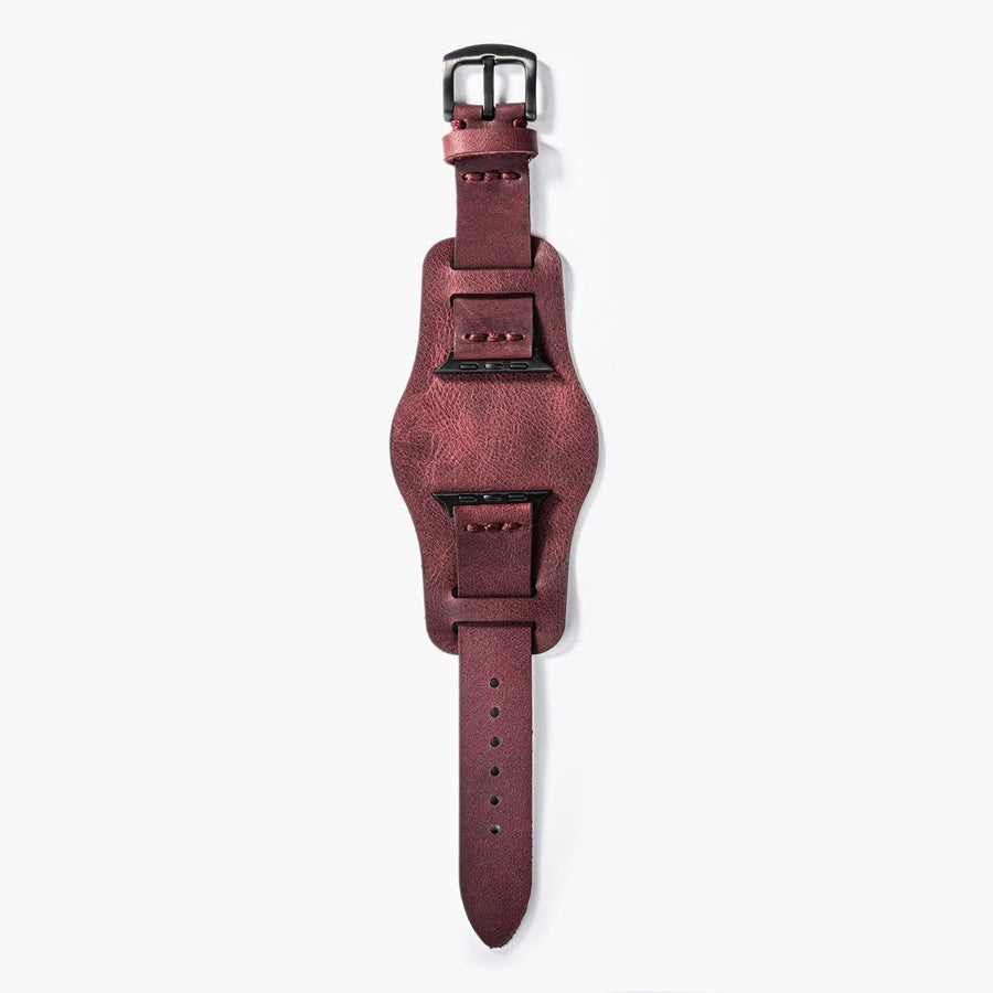 Bund Tek Katlı Apple Watch Deri Kayış - Mürdüm el yapımı hakiki deri - DeryCraft