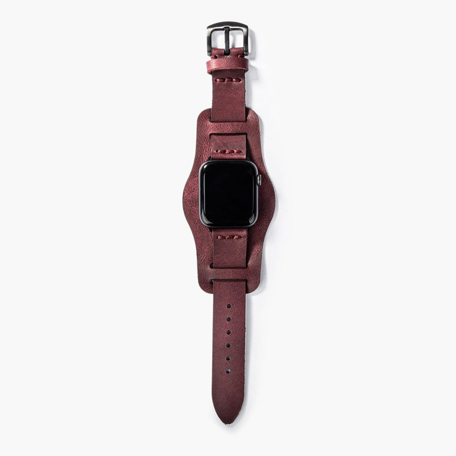 Bund Tek Katlı Apple Watch Deri Kayış - Mürdüm el yapımı hakiki deri - DeryCraft