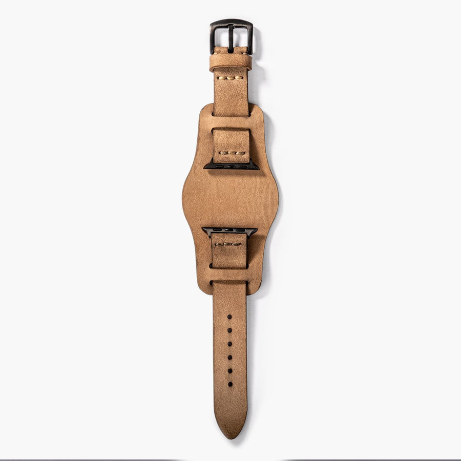 Bund Tek Katlı Apple Watch Deri Kayış - Bej el yapımı hakiki deri - DeryCraft