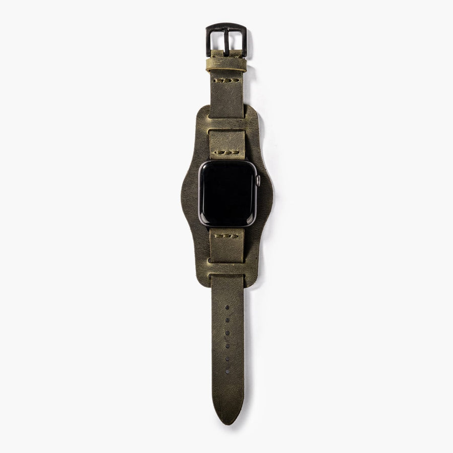 Bund Tek Katlı Apple Watch Deri Kayış - Yeşil el yapımı hakiki deri - DeryCraft