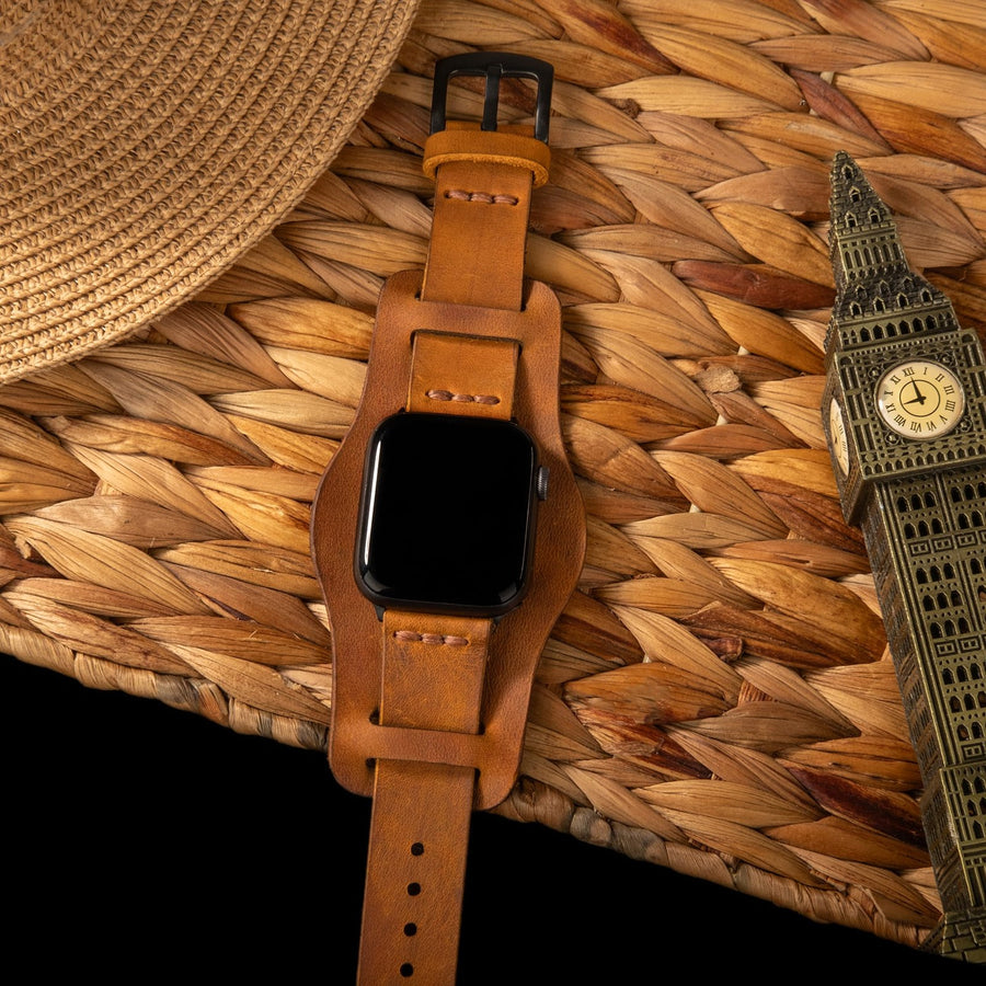 Bund Tek Katlı Apple Watch Deri Kayış - Cat el yapımı hakiki deri - DeryCraft