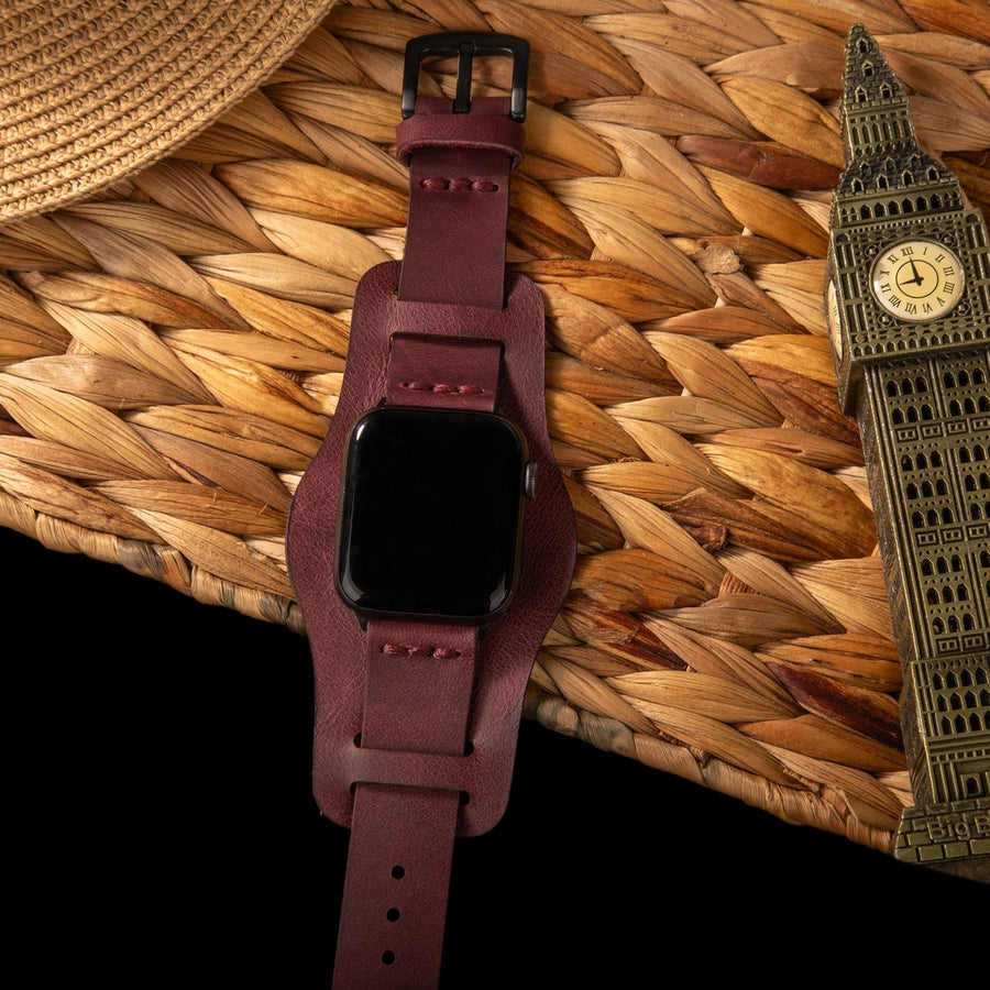 Bund Tek Katlı Apple Watch Deri Kayış - Mürdüm el yapımı hakiki deri - DeryCraft