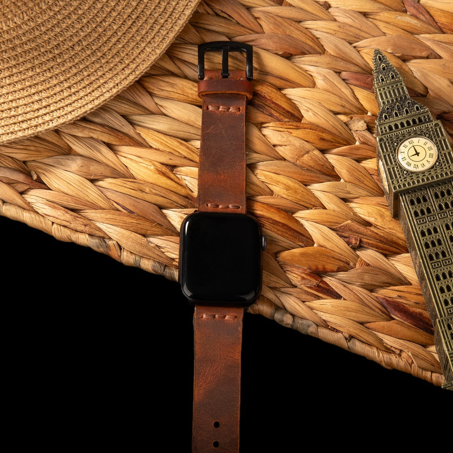 Tek Katlı Deri Apple Watch Kayışı - Oranj el yapımı hakiki deri - DeryCraft