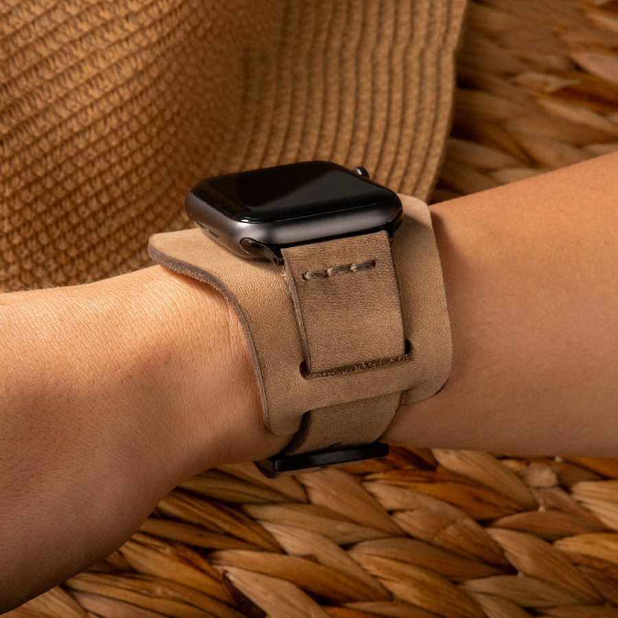 Bund Tek Katlı Apple Watch Deri Kayış - Bej el yapımı hakiki deri - DeryCraft