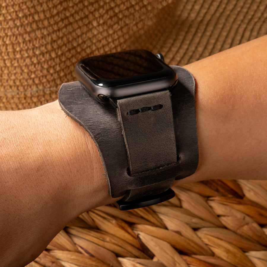 Bund Tek Katlı Apple Watch Deri Kayış - Antrasit el yapımı hakiki deri - DeryCraft